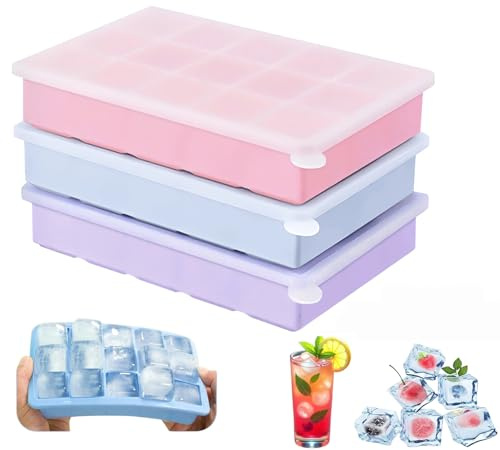 3 Piezas Cubitera de Silicona, 45 Compartimentos Cubitos Grandes 3.5 cm,Cubiteras con Tapa sin BPA, para Cócteles, Whisky,Café (Rosa + Azul + Morado