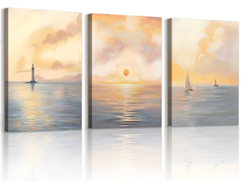 WENGTIAO 3 Pezzi Stampa su Tela Oceano Alba Incorniciato, Quadro su Tela Faro Barca a Vela in Mare Paesaggi Murali Pittura per Quadri Moderni Soggiorno Camera da Letto Decorazioni Parete 30x40cmx3
