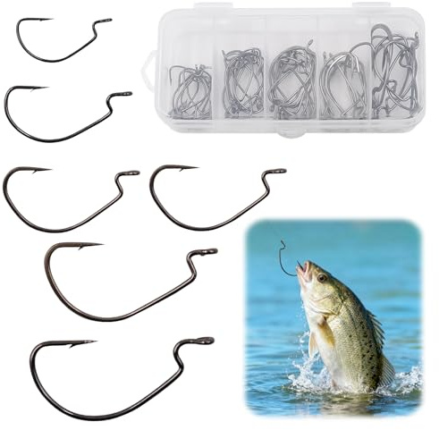 50 PCS Anzuelos De Pesca Offset Set, Ganchos De Acero Al Carbono En 5 Tamaños, para Señuelos Blandos, Jigging, Dropshot Y Pesca con Gusano, con Caja De Almacenamiento