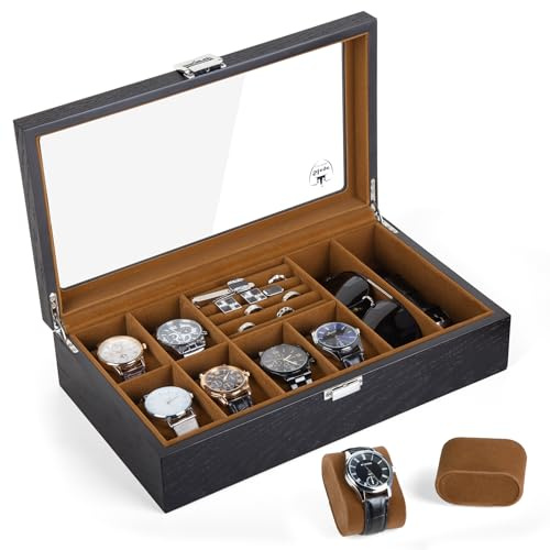 Slege Porta Orologi in Legno a 6 Posti,Scatola Portaorologi,Scatola per Orologi,Organizer per Occhiali da Sole,Porta Gioielli,Portagioie Uomo,Vetro Trasparente,per Orologio,Anelli,Orecchini,Regalo
