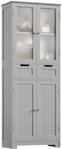 HOCSOK Mueble Columna de Baño, Mueble Auxiliar de Almacenaje con 4 Puertas y 2 Cajones, Armario de Madera de Suelo para Entrada, Salón y Cocina, 60 x 30 x 170cm (Gris)