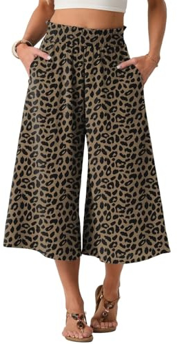PrinStory Pantalones de verano para mujer, ligeros, de cintura alta, Culotte, de verano, informales, pantalones palazzo de pierna ancha, pantalones con bolsillos