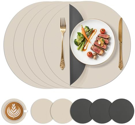KitchenBoss Tovagliette Americane Lavabili Ø 38cm con Sottobicchieri, Set di 6 Tovagliette Colazione Rotonde Effetto Pelle Resistenti al Calore, Grigio Antracite + Beige