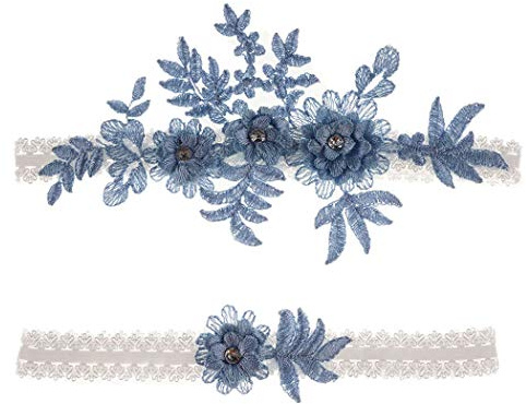 Wedding Garters for Bride Plus Size Garter Lace Bridal Belt Set with Floral Blue Garter