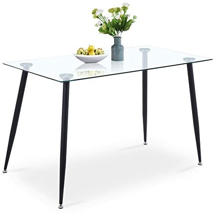 GOLDFAN Glass Dining Table Modern 4 Seater Kitchen Table Rectangle Dining Room Table with Sand Black Powder Coated Legs, 110 x 70 x 75 cm (Table Only)