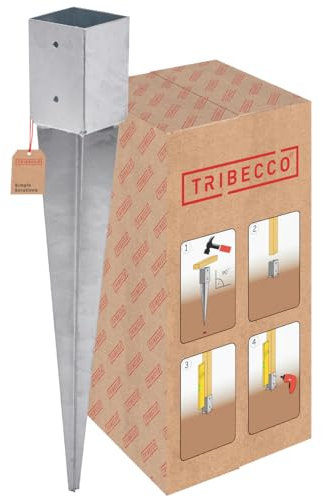 TRIBECCO Soporte para postes de madera, 101 x 101 mm, longitud 750 mm, galvanizado en caliente, manguito de impacto para postes de madera cuadrados, anclaje de acero, anclaje de suelo, anclaje de