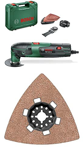 Bosch Multifunktionswerkzeug PMF 220 CE (für Starlock Zubehör, im Koffer) + Schleifplatte AVZ 90 RT4 für Starlock (für verschiedensten Materialien)