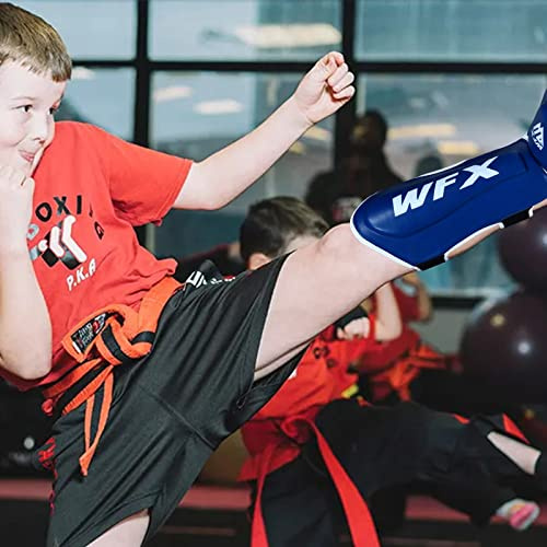 WFX Espinilleras para niños, Protectores de piernas y pies para MMA, Muay Thai, Kick Boxing, Protector para niños y niñas (Azul)