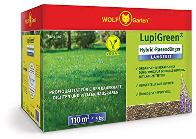WOLF Garten | LupiGreen® Hybrid-Rasendünger Langzeit LU-L110 für 110m² | Aus Lupinen hergestellter organisch-mineralischer Düngermix; 77AR1001650