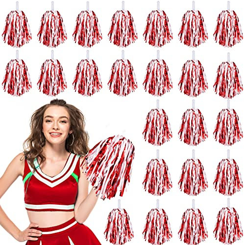 Hanaive Pompons, Cheerleader, Spirited Cheer, Taktstock mit Griff, Metallfolie für Sport, Team, Party, Tanzen, Jubeln, 24 Stück (Rot, Weiß)