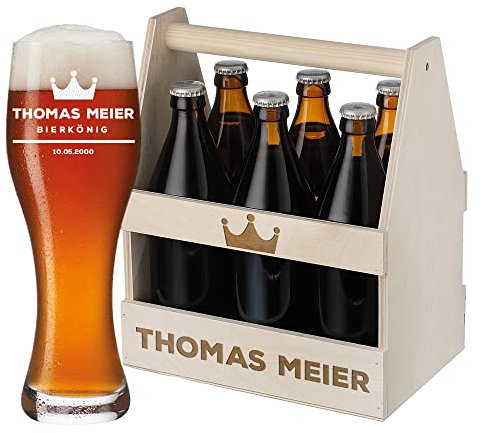 Weizenbierglas + Bierträger mit Wunschgravur - Motiv: Bierkönig - personalisiert - 1x Flaschenträger Holz - 1x Weißbierglas 500 ml - für Biertrinker - Papa, Opa, Mann - Geburtstagsgeschenk