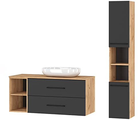 Planetmöbel Badmöbel Komplettset Badmöbel Komplettset 4-teilig 120cm mit Aufsatzwaschbecken und Hochschrank, in den Farben Gold Eiche/Anthrazit
