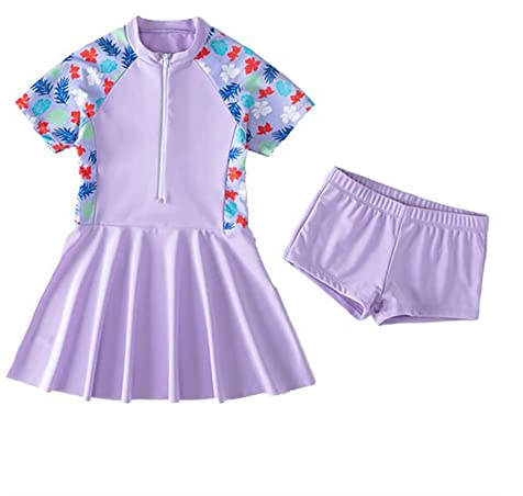 FedMois Maillots de Bain Fille 2 Pieces, Maillot de Bain avec Jupe + Short de Bain, Violet, 7-8 Ans