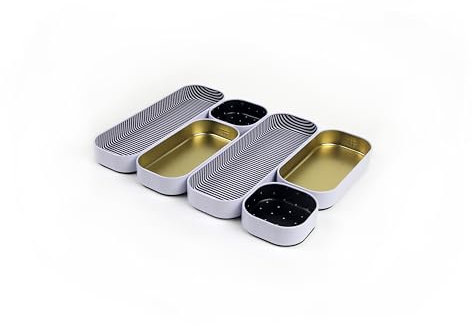 Three by Three Seattle 6 Piece Shallow Metal Organizer Tray Set for Storing Makeup, Stationery, Utensils, and More in Office Desk, Kitchen and Bathroom Drawers (1 Inch, Gold Dots and Stripes)