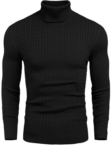COOFANDY Mens Turtleneck Sweater Knitted Sweater Slim Fit Fine Knitted Pullover Color Warm Sweater Jumper Men L Black