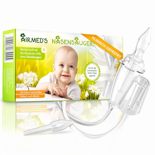 Airmed's Vac Nasal Aspirator Baby. CLINICALLY Tested, Safe and Gentle. Baby Nose Sucker with 2 Suction Heads and Cleaning Brush. Efficient Baby Nasal Aspirator with Strength of a Vacuum Cleaner