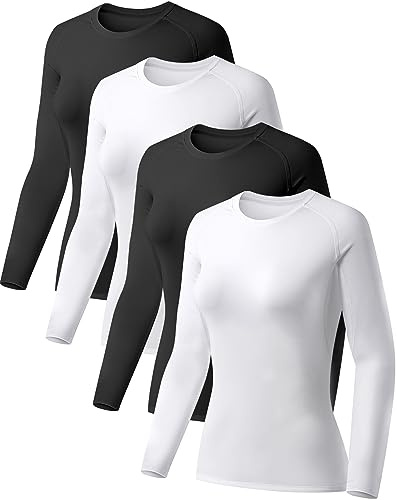 TELALEO 4 Pack Women's Compression Shirt Long Sleeve Performance Workout Baselayer Athletic Top Sports Gear-Black/Black/White/White Small
