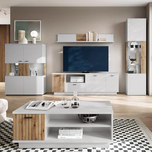 Wohnzimmer Set Wohnwand grau mit Eiche 5-teilig modern, 1 Lowboard, 1 Wandboard, 1 Couchtisch, 1 Vitrine, 1 Highboard inkl. Beleuchtung