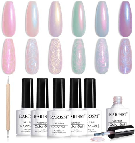 RARJSM Pearl Gel Polish Set 6 Colors Mermaid Pearlescent Shell Glitter White Gold Pink Green Purple Shimmer Nail Gel Polish Soak Off LED UV Curing Requires Swirl Thread Effect DIY Home Salon 7.5ml