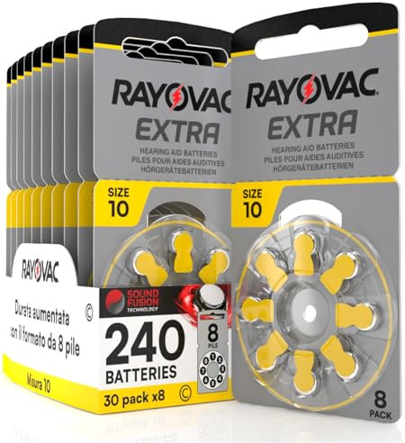 240 Piles pour appareils auditifs Rayovac Extra 10. Technologie Sound Fusion - 30 Ampoules de 8 Piles
