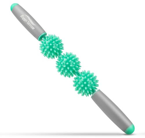 Igelball Massageroller mit Griff, 40cm Faszienstab mit 3 Bälle, Massagerolle Klein, Faszienrolle Stab Igelballrollen mit Handgriffe für Beine Nacken Rücken Schulter (Hellgrün)