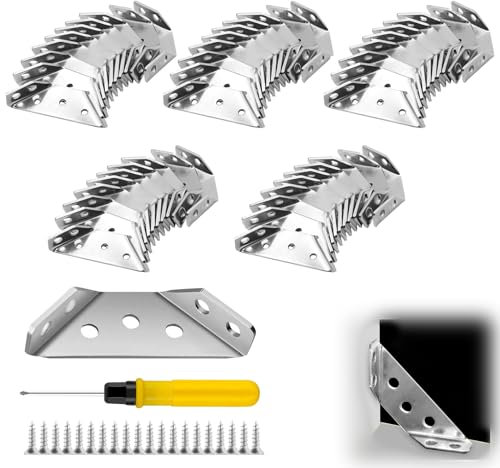 50 Stück Dreiecksstütze Aus Edelstahl，Möbel Eckverbinder mit 300 Schrauben und Schraubendreher Edelstahl Winkel Klammern Möbelverbinder Dreieck Form Ecke Klammer für Schrank Tisch Stuhl