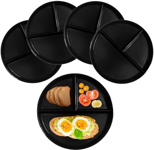 NOZVYCI 23CM Lot de 4 Assiette Plate Incassable avec 3 Compartiments Assiette à Dîner Divisée Allant au Micro-ondes et au Lave-vaisselle Assiette pour Enfants Familiale Séparée (Noir)