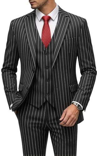 MOGU - Costume 3 pièces pour homme à rayures fines, coupe ajustée, double aérations, veste de smoking, gilet et pantalon décontracté, noir, Taille XL