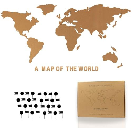 Tripvea - Mappa Mondo da Parete in Sughero | Planisfero Murale 150x90 cm – Mappa del Mondo Gigante per Segnare Viaggi, Foto e Ricordi con 50 Puntine, Design Vintage & Naturale