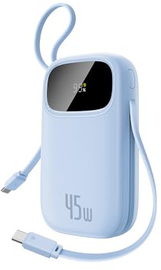 Baseus Powerbank 45W 20000mAh con 2 Cables USB-C Integrados, Power Bank PD3,0 QC4,0 Baterías Externas Carga Rapida, 3 C 1 A, Cargador Portátil para iPhone 16/15/14 Pro MAX, Samsung, Azul