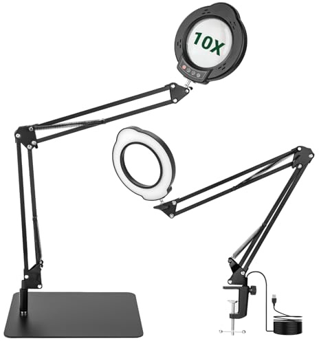 WISYOK Lente d'ingrandimento con luce e supporto, 10 luci a LED con grande braccio girevole, 5 modalità di colore, 10 LED dimmerabili, 2 in 1 con morsetto e base, lente d'ingrandimento da lettura per