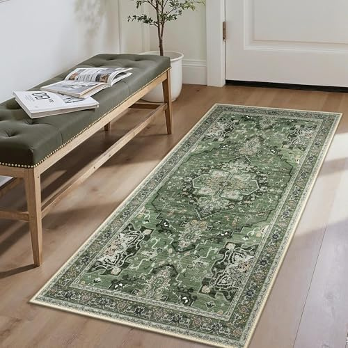 GENIMO Antiskid Vintage Orientisk Tapet för Vardagsrum, Maskintvättbar, Kort Borste, Tapet för Entré, Inre Rum, Sovrum & Gang, 80x150CM, Grönt