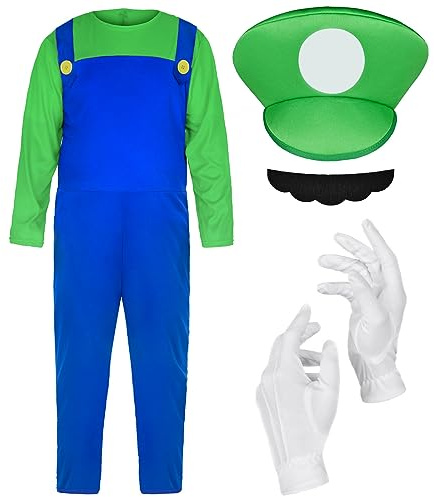 BSBUY Disfraz Mario Bros, 4pcs Set de Accesorios Mario y Luigi Classic con Guantes, Bigote y Gorra Roja, para Halloween, Carnaval y Navidad, Cosplay de Hombre, Mujer, Adulto, Niños