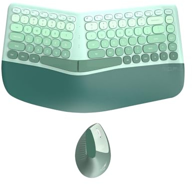 TISHLED Ergonomic Wireless Keyboard and Mouse Combo with Wrist Rest, Curved Split Keys Clicky 84-Key Membrane Keyboard 6-Key Vertical Mouse Set for Win/Mac/PC/Laptop, AAA Batteries, Mint Green