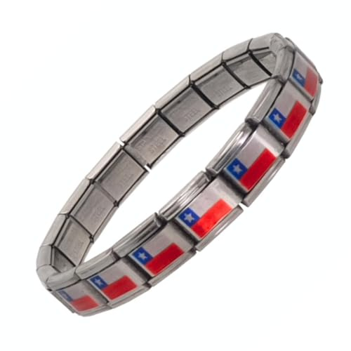 Feyma Pulsera con la Bandera de Chile, La Estrella Solitaria, Eslabones de Acero Inoxidable, Brazalete Ajustable para Hombre y Mujer, Regalo Simbólico