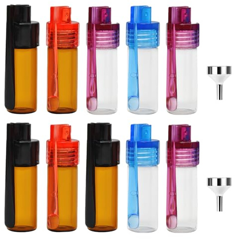 BORISCA 10 Pièces Flacon de Poudre à épices avec Cuillère et 2 Entonnoirs Argentés, 51mm Flacon Distributeur de Poudre, Petit Pot à Epices en Verre Adapté Au Camping et Aux Voyages (Couleur Aléaoire)