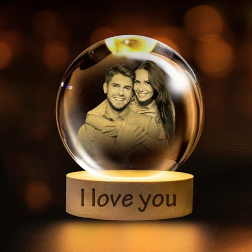 Custom 3D Crystal Photo with Led Light Base, Laser Engraved Crystal Ball Night Light with Photo Text, Anniversary, Birthday, Christmas, Memorial Gifts for Women, Men, Dad, Mom