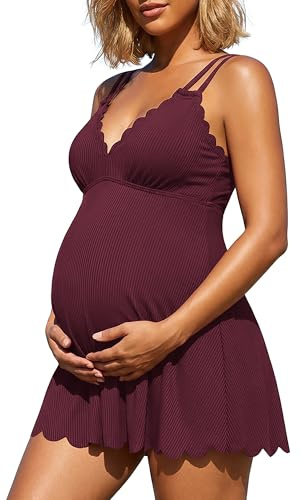 Charmo Maternity Swimsuit Swim Dress One Piece Pregnancy Bathing Suit Scalloped V Neck Maternity Swimwear 2026 Wine Red