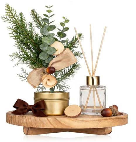 Round Wooden Tray, 25.5cm x 25.5cm Decorative Tray Coffee Table Decor Farmhouse Candle Trays Plate for Soap Dish Perfume Candle Cosmetic Perfume Jewelry