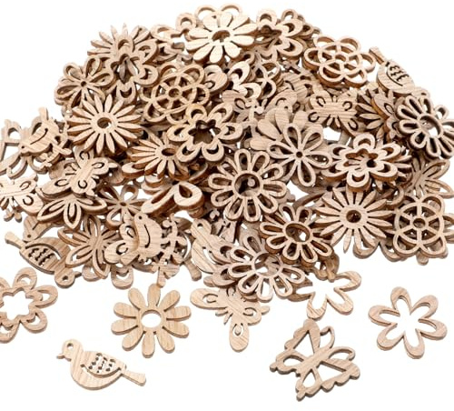 100 PCS Unfinished Wood Flowers Wood Slice Leaf Bird Flower Butterfly Pattern Cutouts Mini Wooden Handmade Craft Decoration Supplies DIY Art Project Wooden Pieces Scrapbook Embellishments