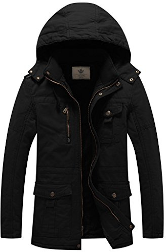 WenVen Chaqueta de Algodón a Prueba de Viento Parka Casual Militar Clásica Parka Capucha Gruesa Extraíble con Pelo Cazadora Entretiempo Bolsillos Múltiples Hombres Negro M