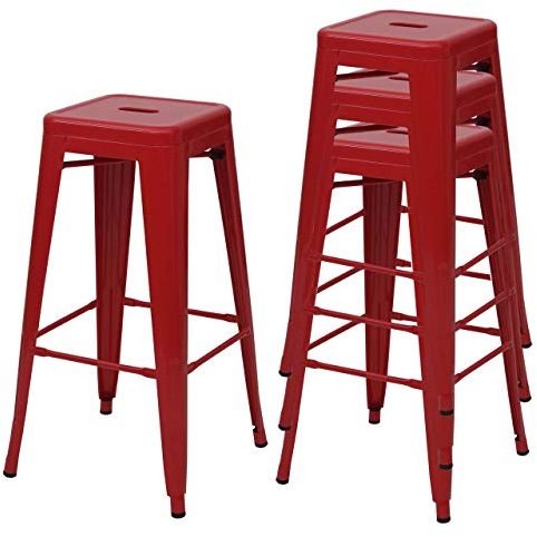 Mendler 4X Tabouret de Bar HWC-A73 métal empilable Design Industriel Rouge