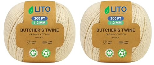 Linen and Towel Ficelle de boucherie -100% coton naturel-Paquet de 2 11 plis 200 pi-Ficelle de cuisson de qualité alimentaire de qualité naturelle,ficelle de cuisine,ficelle de cuisson pour les fermes