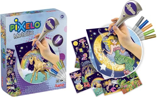 Lansay - PIXELO - Metallic-Set - Zeichenset mit Punkteffekten und Metallicfarben - Punktmalerei mit elektronischem Stift für Kinder ab 6 Jahren - 8 Zeichnungen - Batterie Nicht enthalten