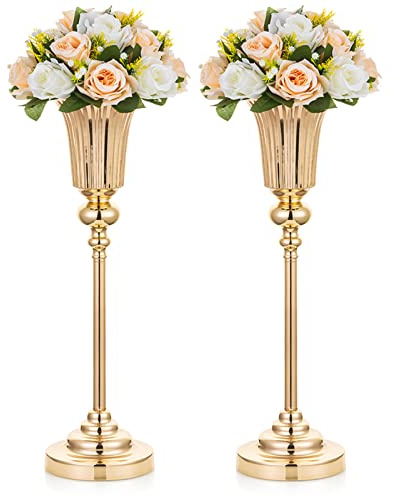 NUPTIO Vaso Oro Centrotavola Matrimonio: 2 Pezzi 54.6cm Alti Vasi Centro Tavola Metallo Portafiori Tromba Fiori per Nozze Cerimonia Anniversario Compleanno Festa Decorazione