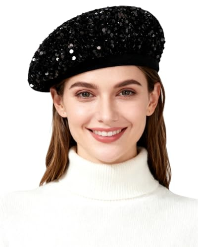 Caviotess Sparkly Sequin Beret for Women Glitter Velvet Beanie French Beret Hats Adjustable Painter Cap Fall Winter Hat