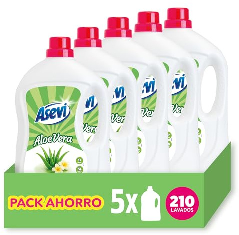 Asevi Detergente Líquido para Lavadora Aloe Vera - Detergente para Ropa Blanca y de Color con Fórmula Concentrada - Frescura Natural para la Ropa - Pack 5-210 Lavados