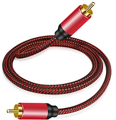 Tiierzon Digital Coaxial Audio Cable 6M,1RCA Male to 1RCA Male Subwoofer Cable Nylon Braided RCA Video Cable for Subwoofer, Home Theater, HDTV, Hi-Fi Systems (Red, 6M)