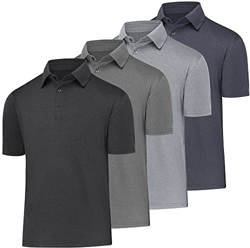 BALENNZ Men's Quick-Dry Athletic Polo Shirt 4 Pack - Moisture Wicking, Casual, Black/Grey/Navy, Large