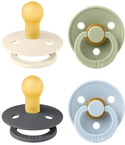 BIBS Dummies Colour 4-Pack, BPA Free Dummy Pacifier, Round Nipple Soothers, Natural Rubber Latex, Made in Denmark. 0-6 Months (Pack of 4), Iron Mix